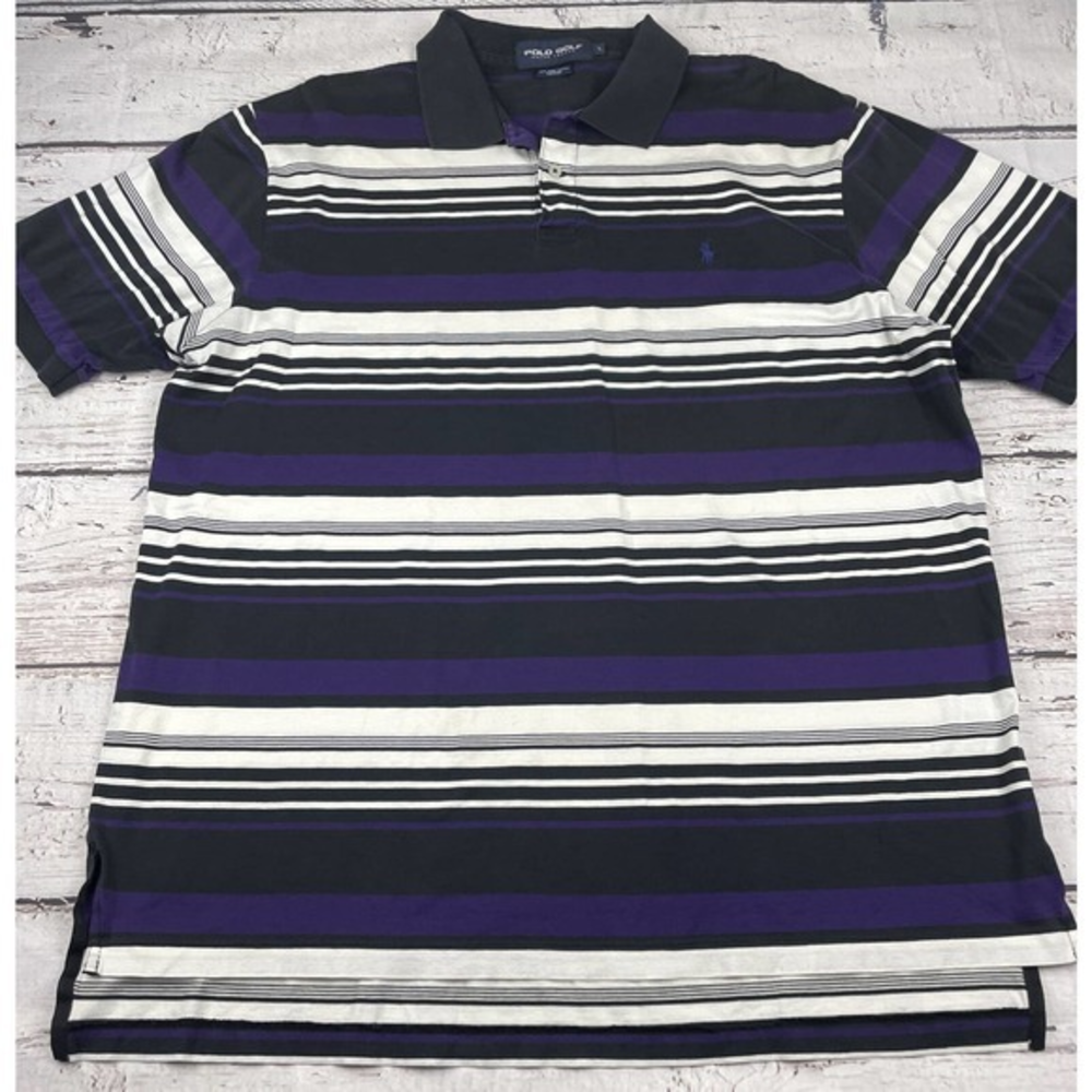 Polo Golf Ralph Lauren Pima Cotton Shirt Sleeve Shirt L Purple Black Striped VGC
